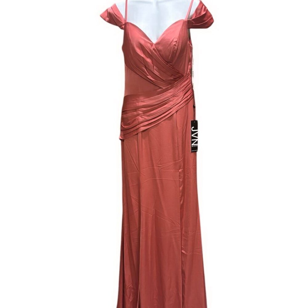 JVN by Jovani Salmon Cold Shoulder Pleated High Slit Long Dress
